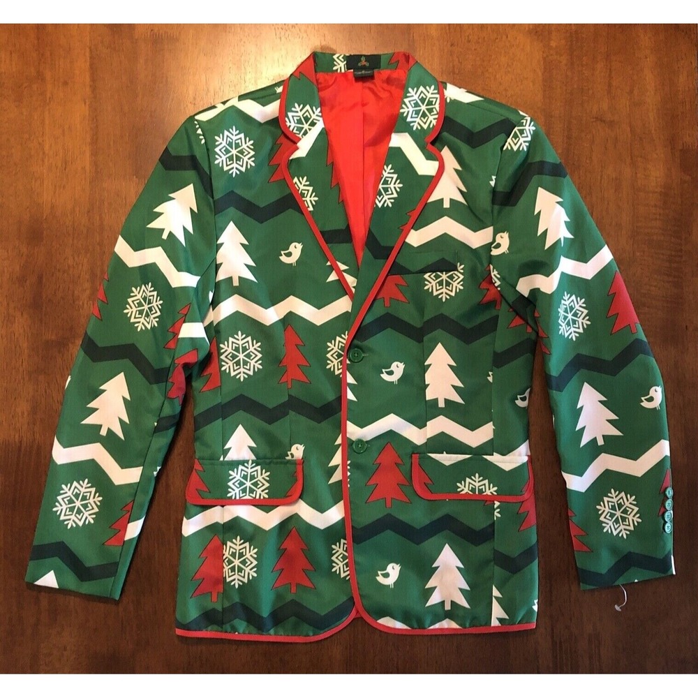 Ugly Christmas Blazer Suit‎ Jacket Trees Snowflakes Green Red White Mens Small